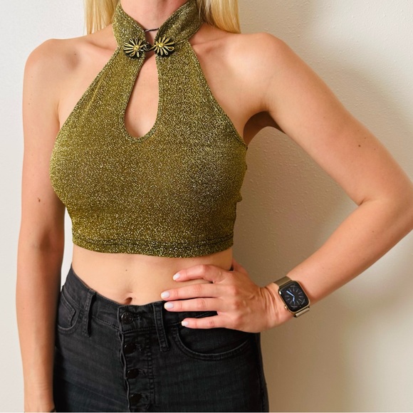 New Cider Solid Glitter Gold Halter Choker Style Cropped Tank Top - Picture 3 of 9